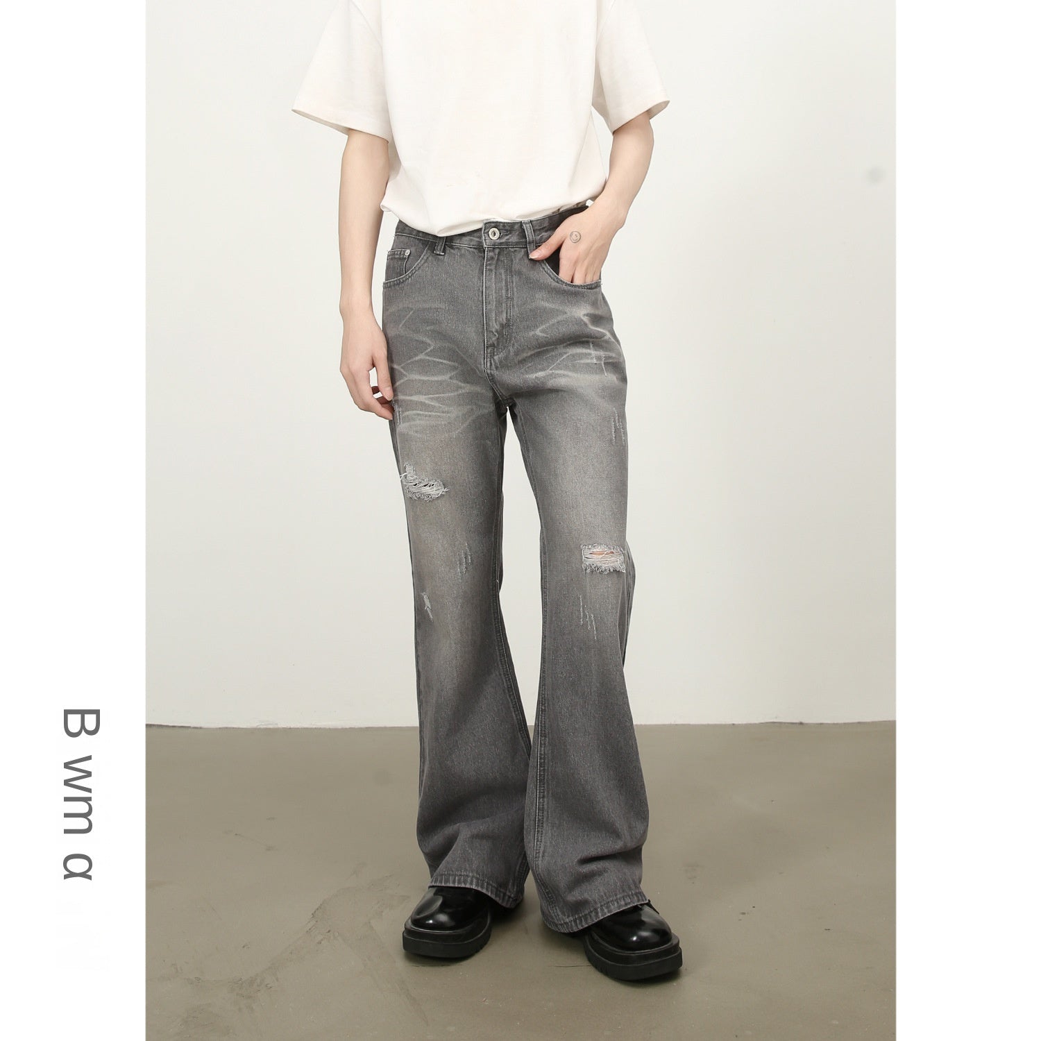 Nirben American High Street Washed Flared Hole Denim Trousers for Men