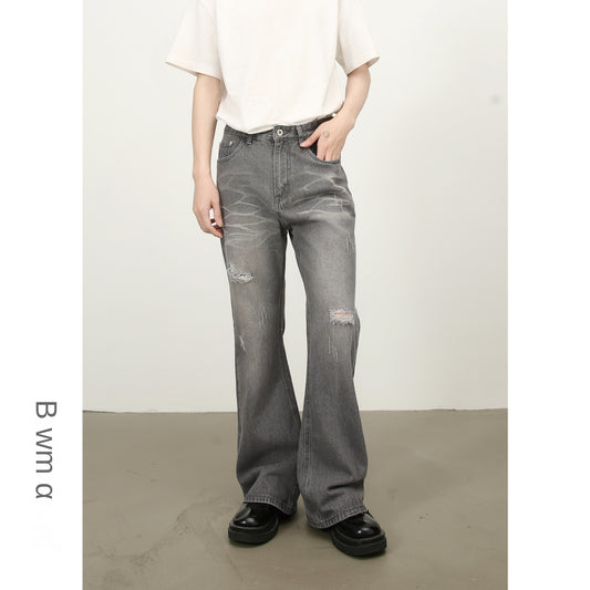 Nirben American High Street Washed Flared Hole Denim Trousers for Men