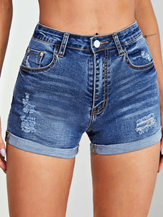 Women's Elastic Denim Shorts with Ripped and Folded Edges