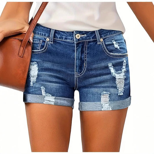 Elastic Hole Denim Shorts for Women, Casual High Waist Denim Shorts