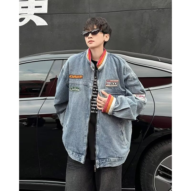 Vintage Stand Up Collar Couple Denim Jacket for Men
