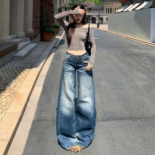 Style Washed Wrinkled Denim Pants for Women - Loose High Waist Versatile Slim Wide Leg Trousers