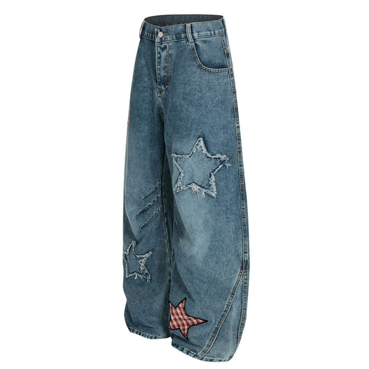 Embroidered Curved Knife Denim Vibe Loose Wide Leg Pants