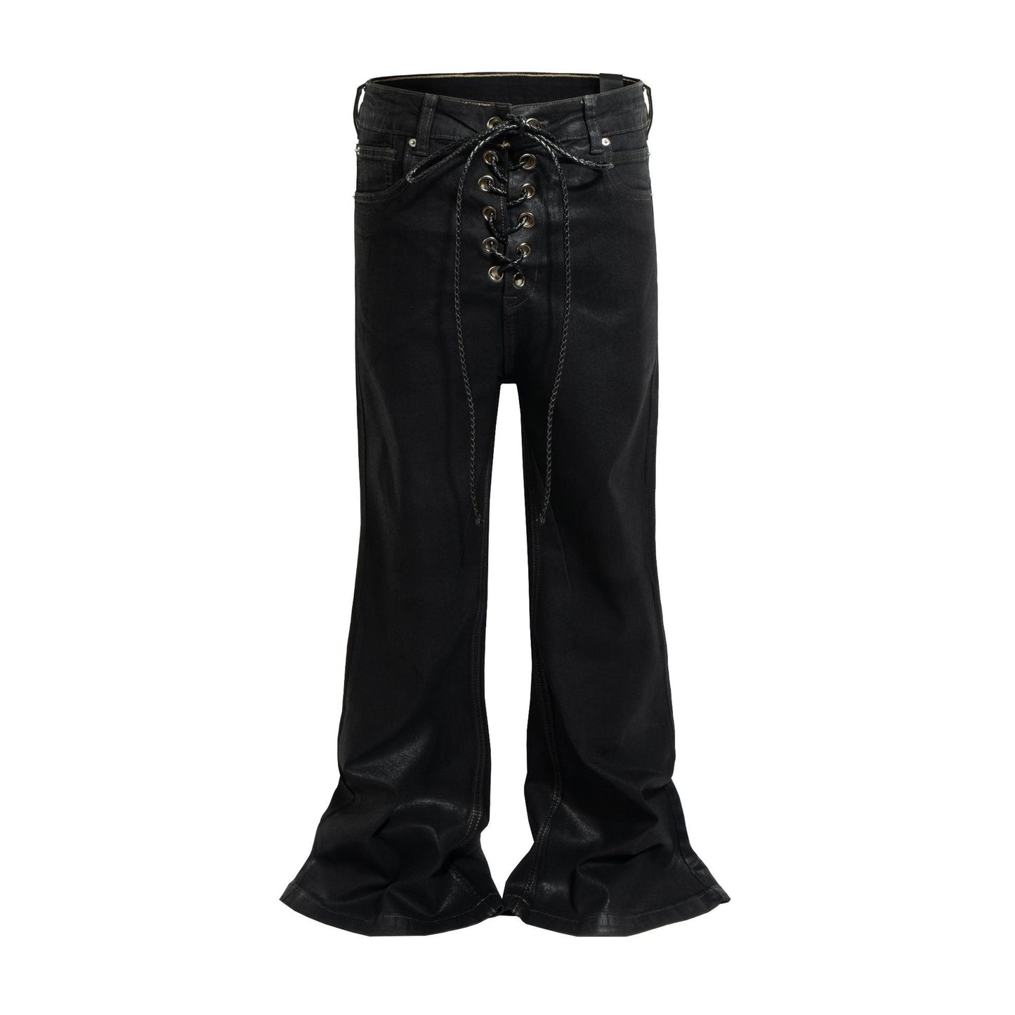 Coated Water Washed Design Denim Micro Pull Floor Pants