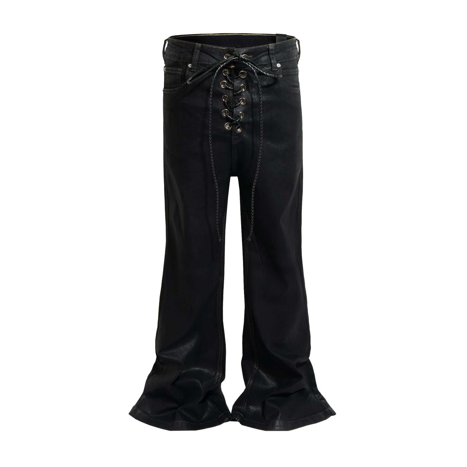 Coated Water Washed Design Denim Micro Pull Floor Pants