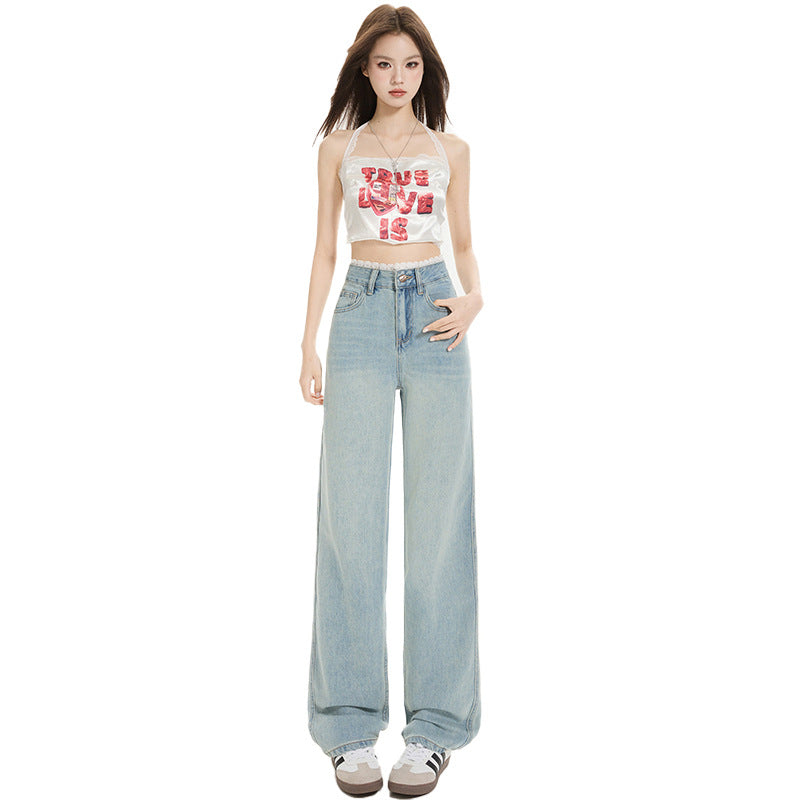 Light Blue Slim Straight Jeans for Women - Versatile Lace Hem Wide Leg Pants
