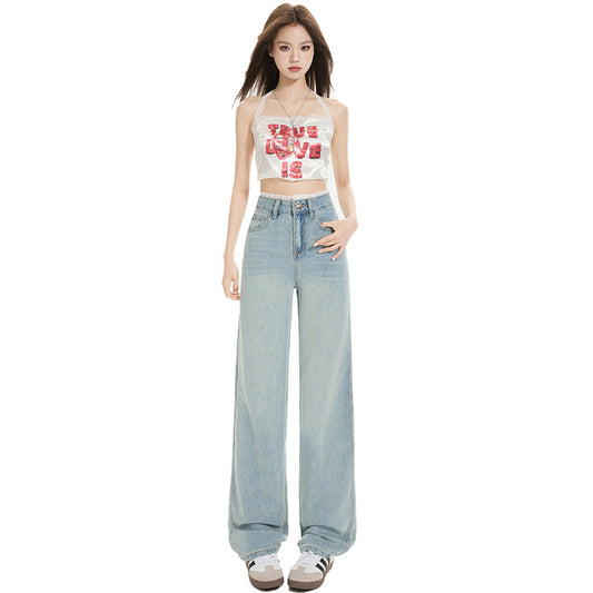 Light Blue Slim Straight Jeans for Women - Versatile Lace Hem Wide Leg Pants