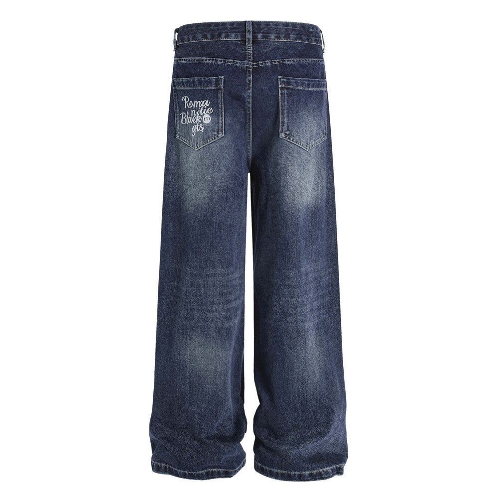 Street Design Floral Embroidered Denim Wide-Leg Long Pants