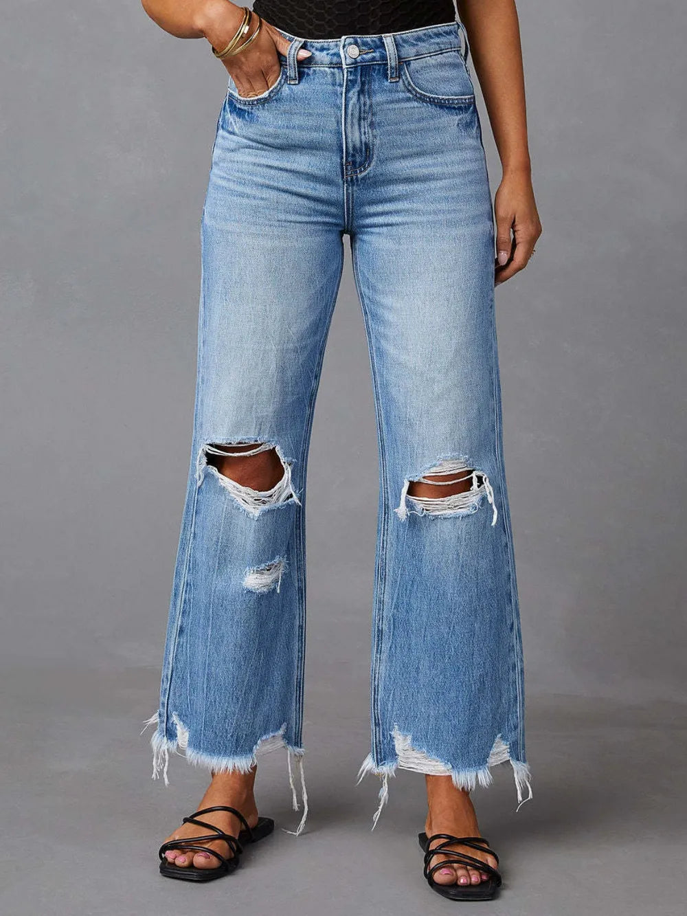 Washed Ripped High Waisted Wide Leg Jeans for Women