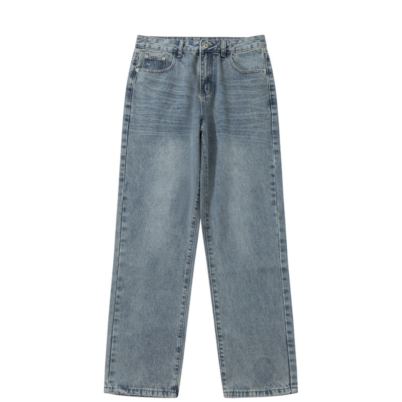 Street Style Basic Versatile Blue Jeans for Men - Loose Straight Wide Leg Washed Casual Pants