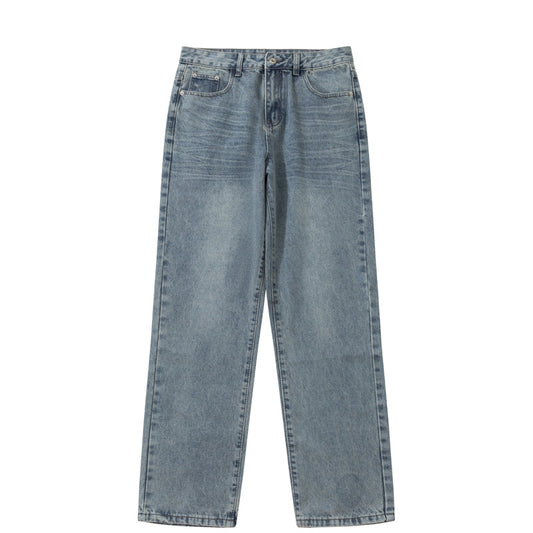 Street Style Basic Versatile Blue Jeans for Men - Loose Straight Wide Leg Washed Casual Pants