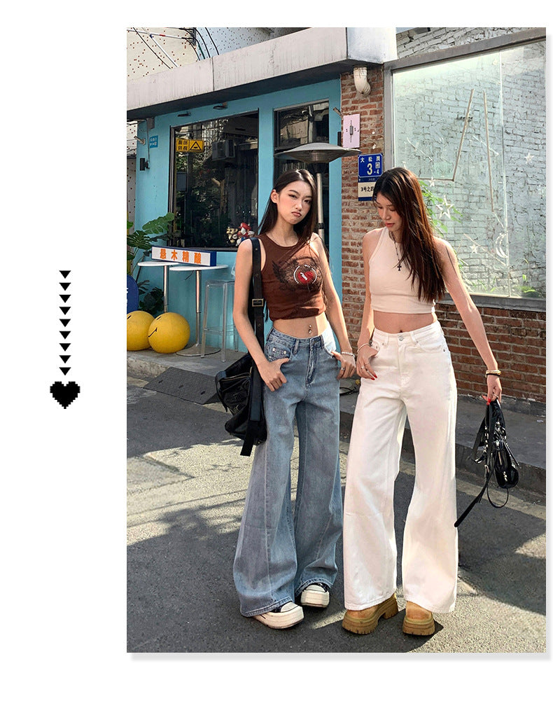 Women's Spliced Wide Leg Flared Denim Trousers