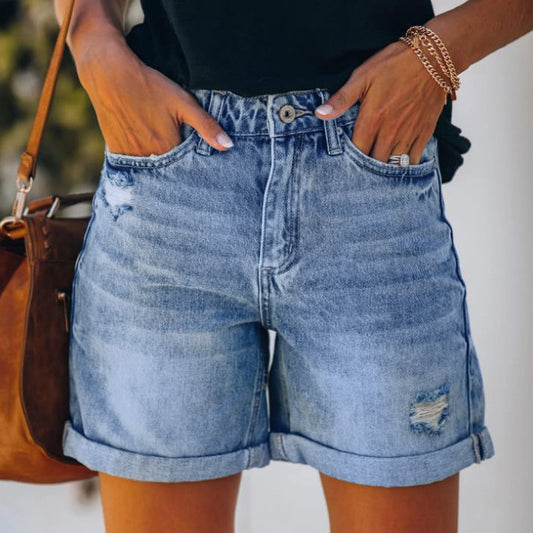 High-Waisted Fringed Distressed Denim Shorts for Women