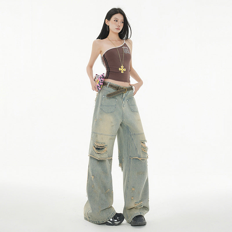 High Street Post-Apocalyptic Style Distressed Denim Pants for Men and Women