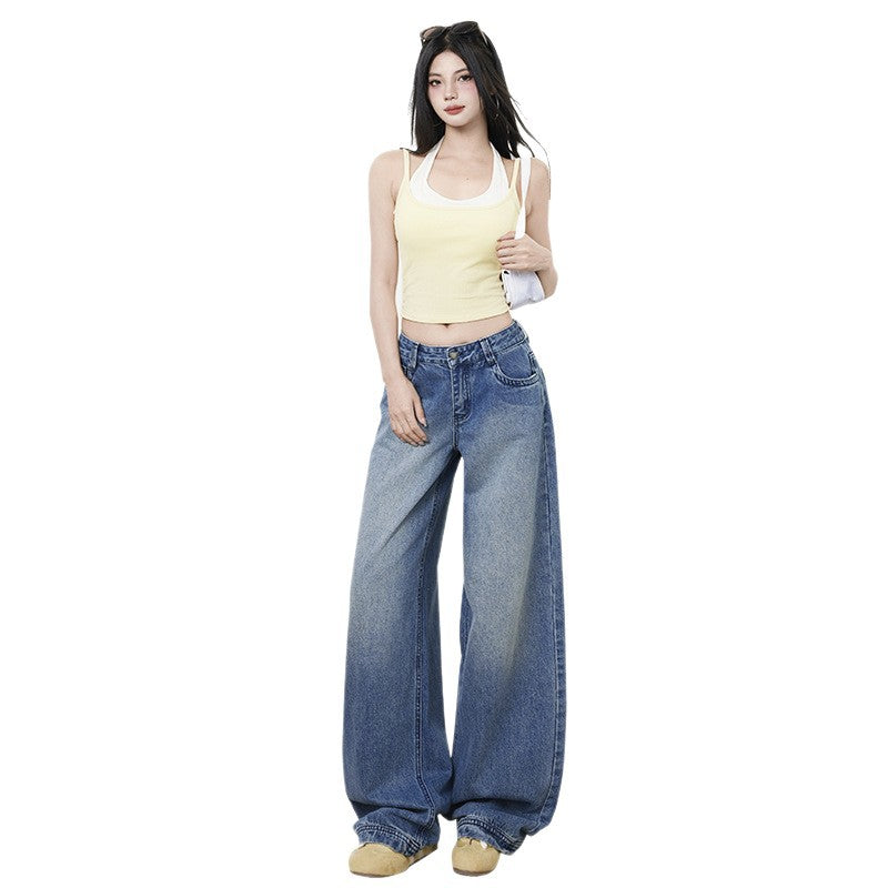Retro Washed Blue Wide-Leg Jeans for Women - Loose Slimming Low-Waist Straight Leg Trousers