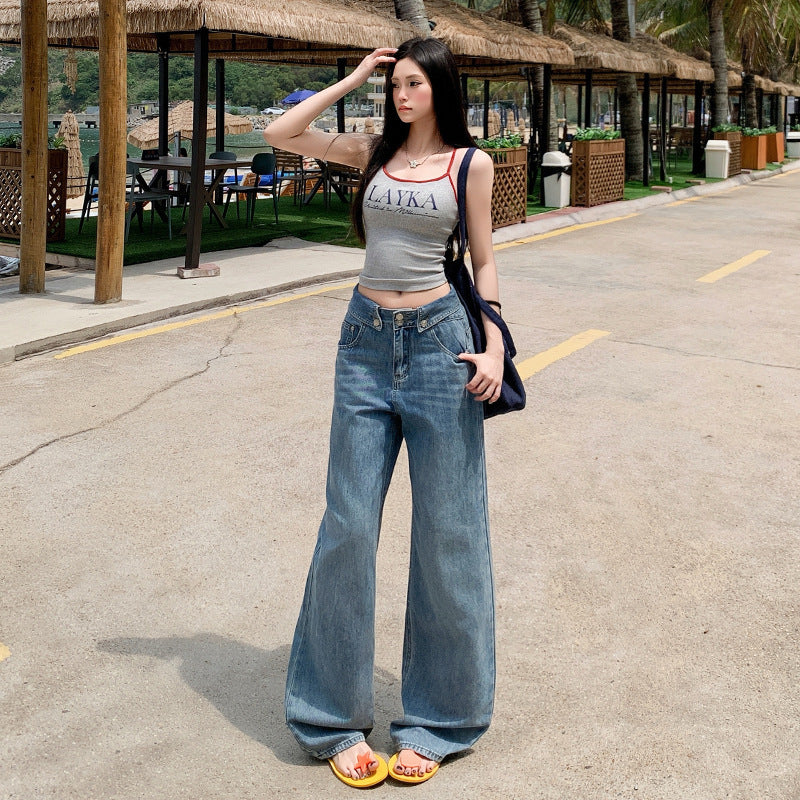 Women's Summer Slim Fit Straight Leg Jeans - Wide Leg Design