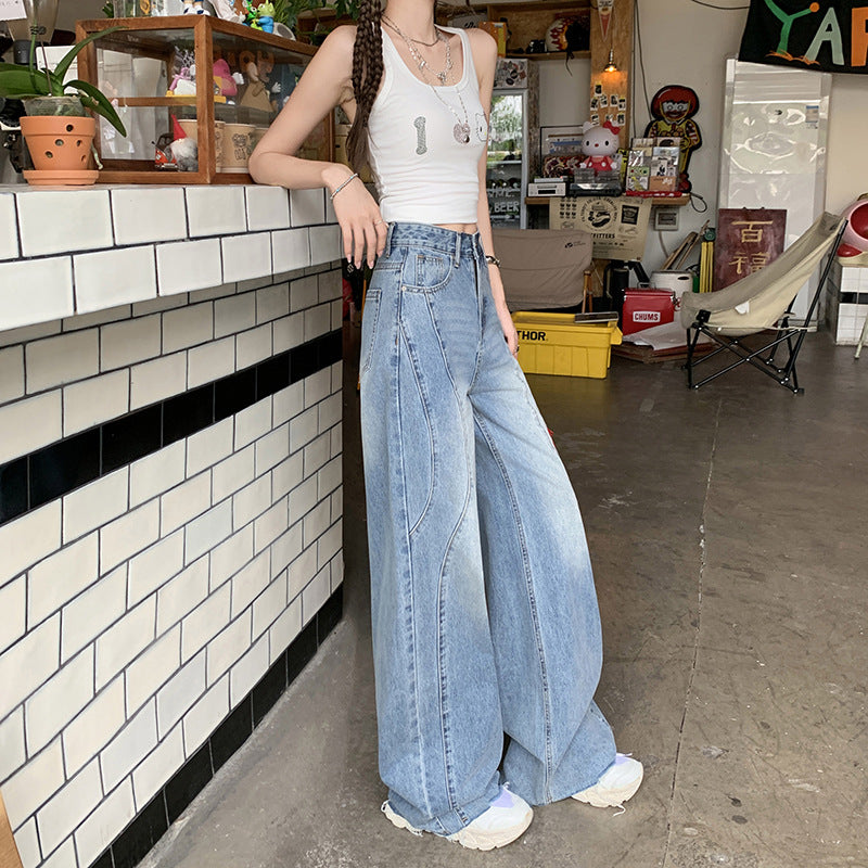 Retro Washed Wide-Leg Jeans for Women - High-Waist Loose Frayed Straight Pants