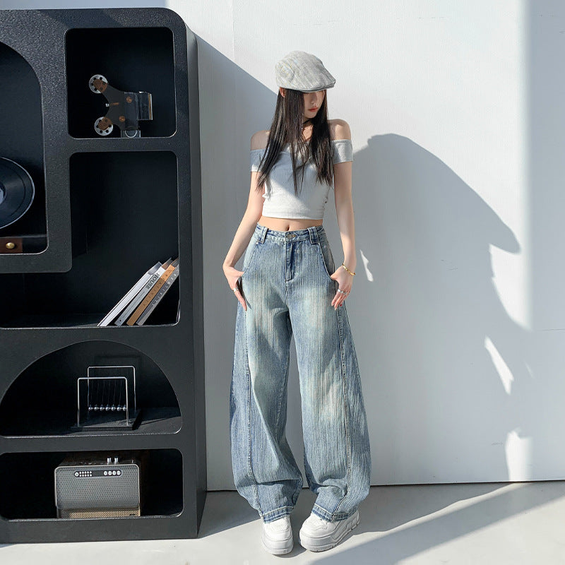 Retro Washed Slub Deconstructed Tapered Denim Pants for Women