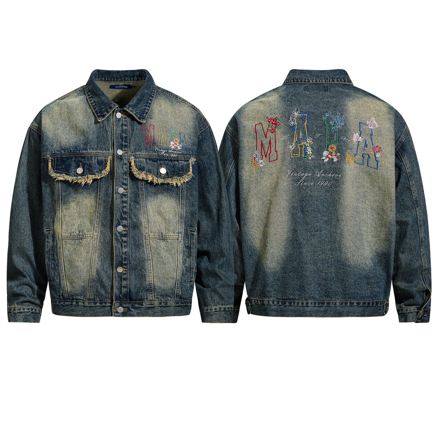 Streetwear Style Washed Denim Jacket with Colorful Letter Embroidery