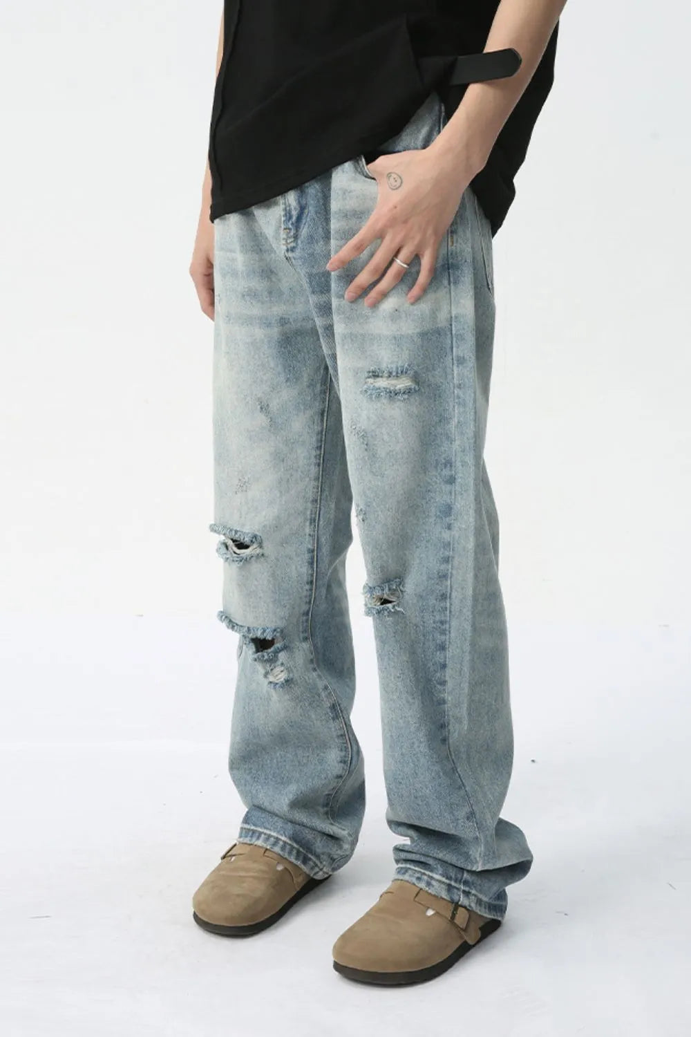Distressed Wide Leg Jeans - Premium Japanese Denim