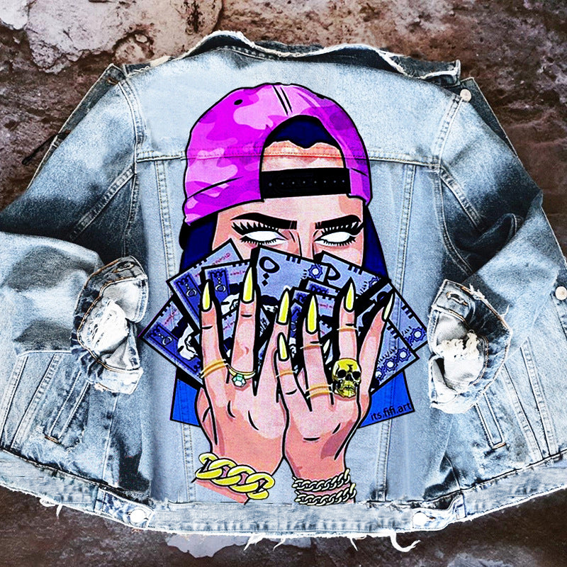 Women's Autumn Hot Selling Street Style Denim Jacket with Tongue Out Print