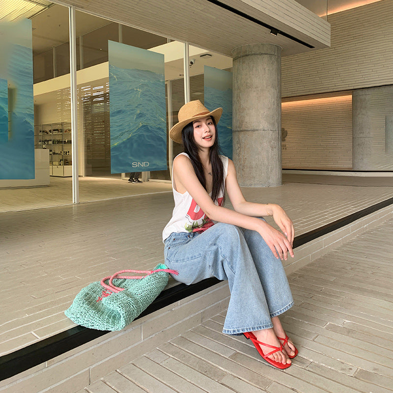 Retro Light Blue Wide-Leg Jeans for Women - Loose Drape Floor-Length Pants