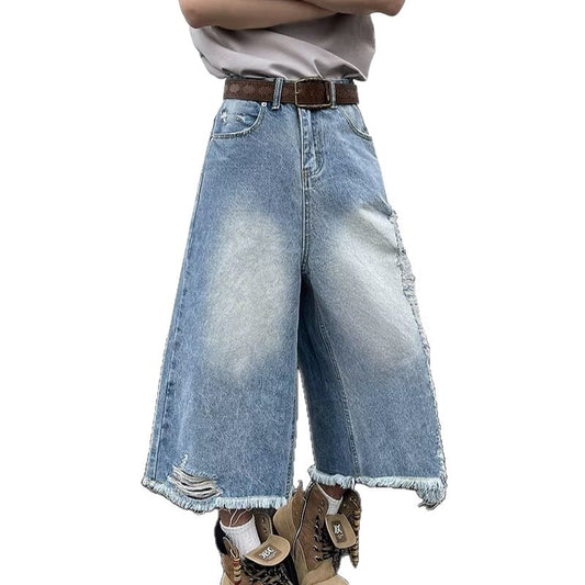 Premium Ripped Denim Straight Leg Cropped Pants