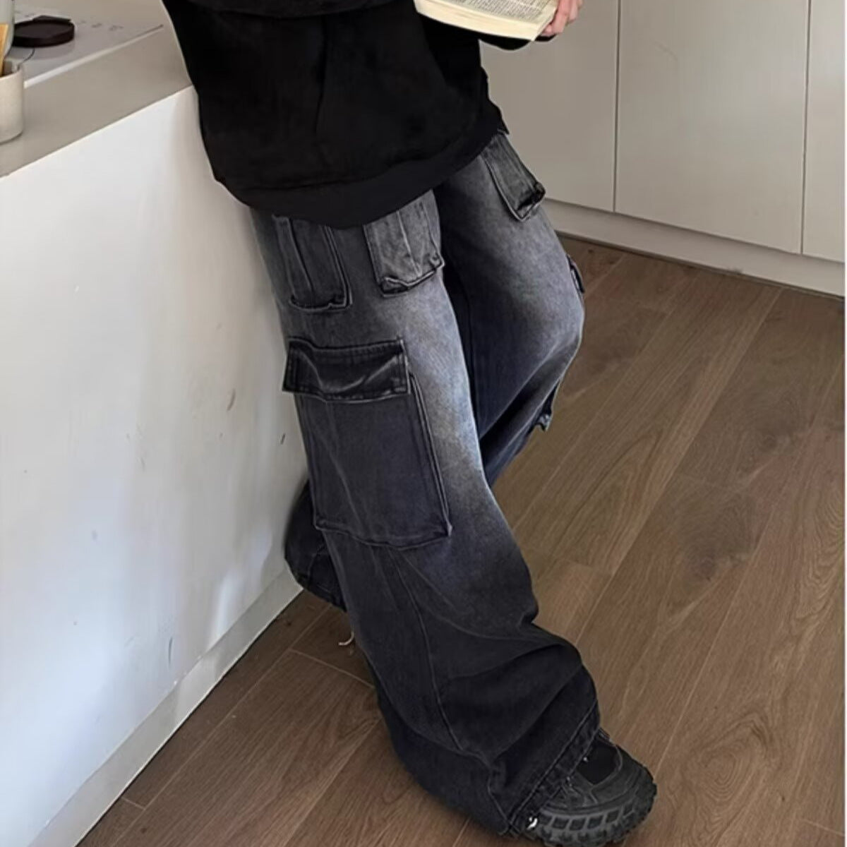 Spring and Autumn Multi Pocket Straight Leg Wide Leg Pants