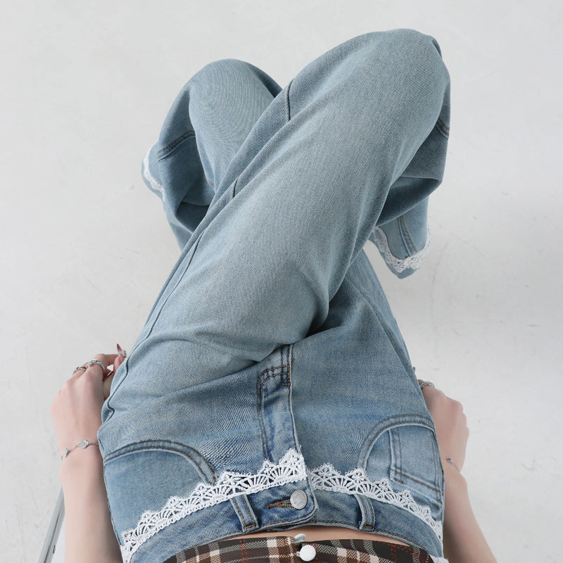 Lace Trim Wide Leg Jeans for Women - Slimming Flared Pants