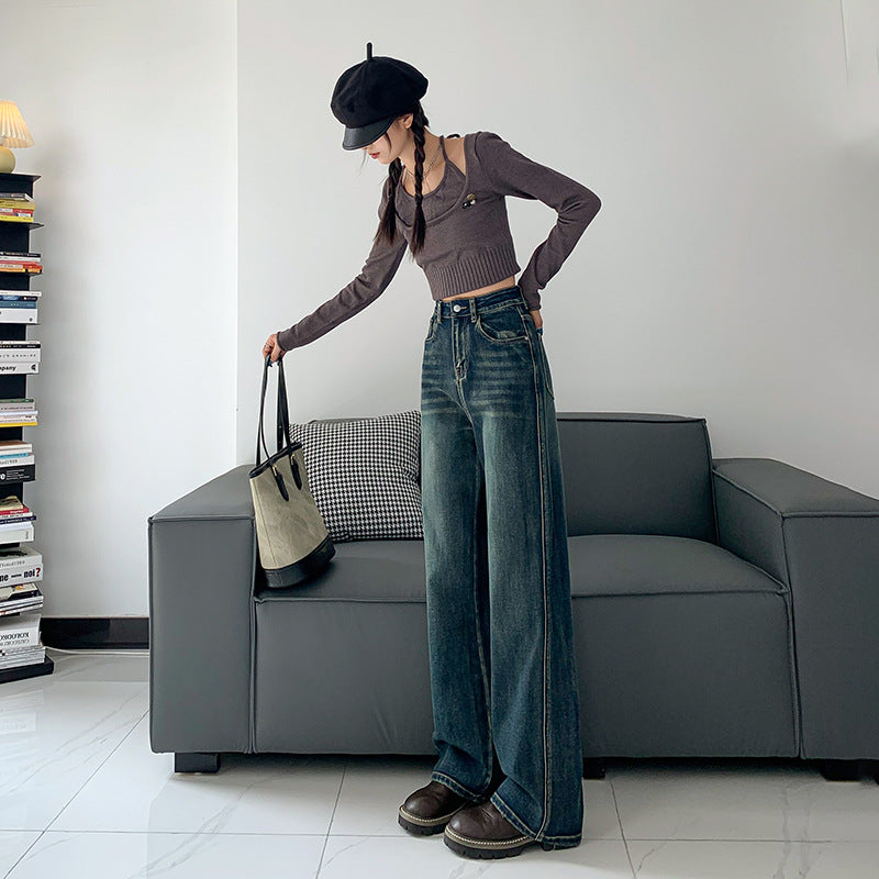 Women's Loose Comfortable Straight Wide-Leg Trousers Soft Denim Pants