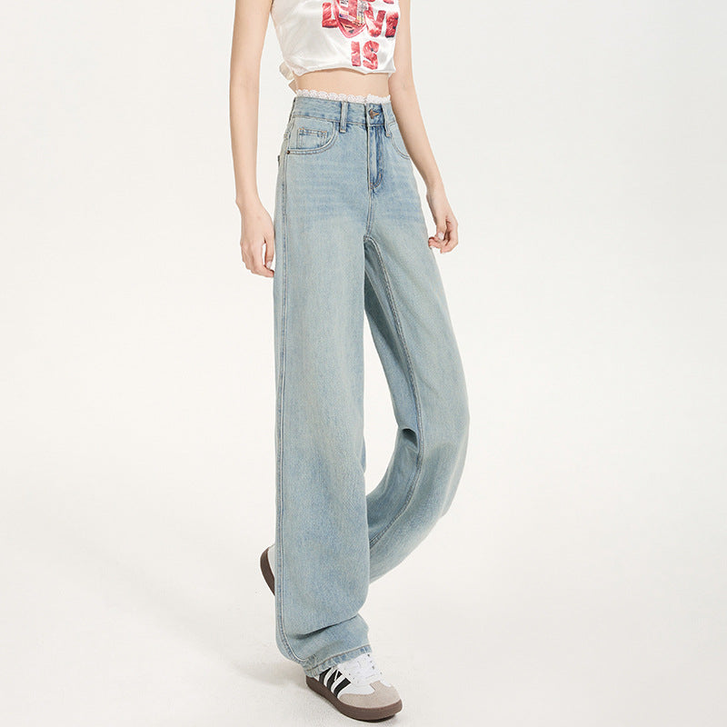 Light Blue Slim Straight Jeans for Women - Versatile Lace Hem Wide Leg Pants