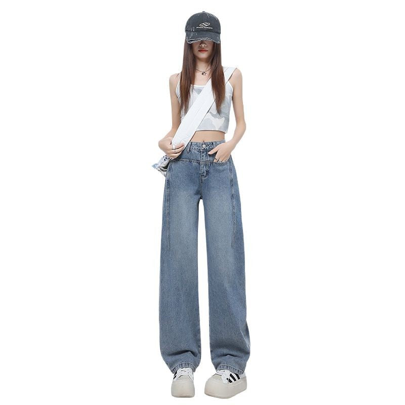 Retro Blue High-Waisted Flared Denim Pants for Women - Summer Loose Fit