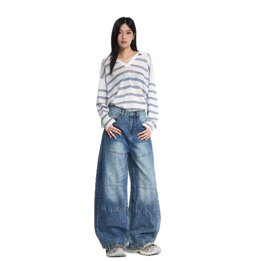 Washed Cracked Knife-Edge Denim Pants for Women - Loose Casual Wide-Leg Design