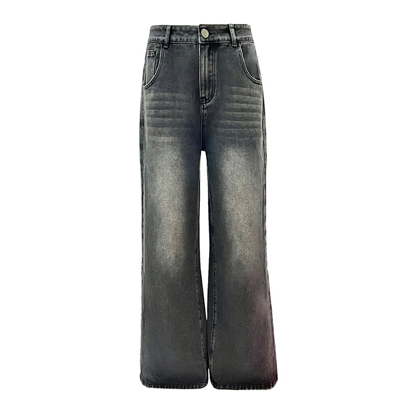 Women's Faded Black and Gray Denim Pants - High-Waisted Loose Wide-Leg Trousers
