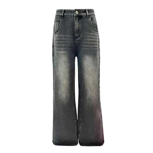 Women's Faded Black and Gray Denim Pants - High-Waisted Loose Wide-Leg Trousers