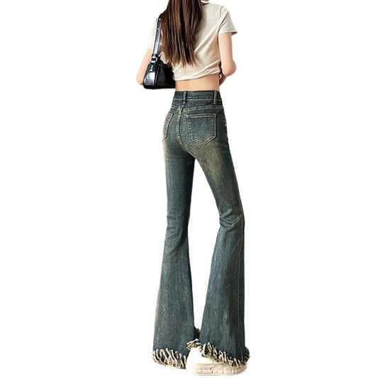 Style Double Button Flared Jeans for Women - High Waist Slimming Frayed Cuff