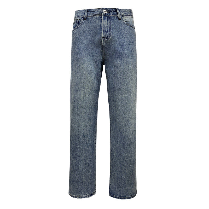 Street Style Washed Blue Wide-leg Straight Jeans for Men and Women