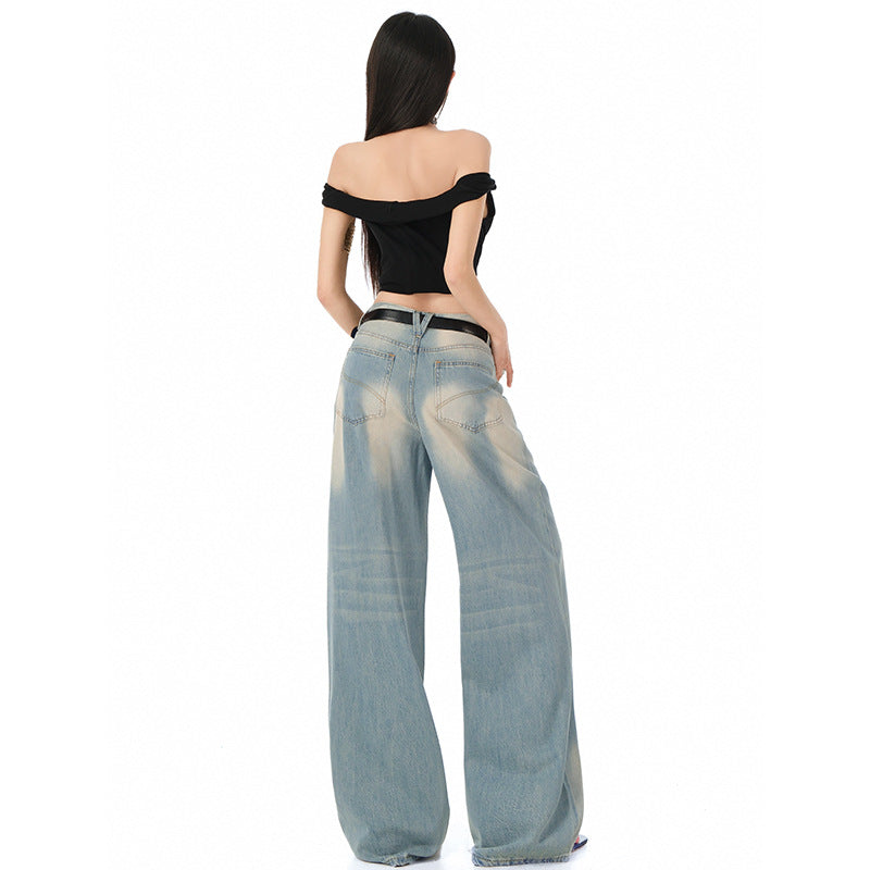 Tencel Wide-Leg Jeans for Women - Retro Vintage Loose Straight Denim Pants