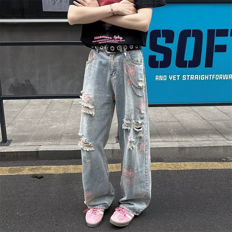 Flower Hole Cowboy Rose Full Print Straight Pants