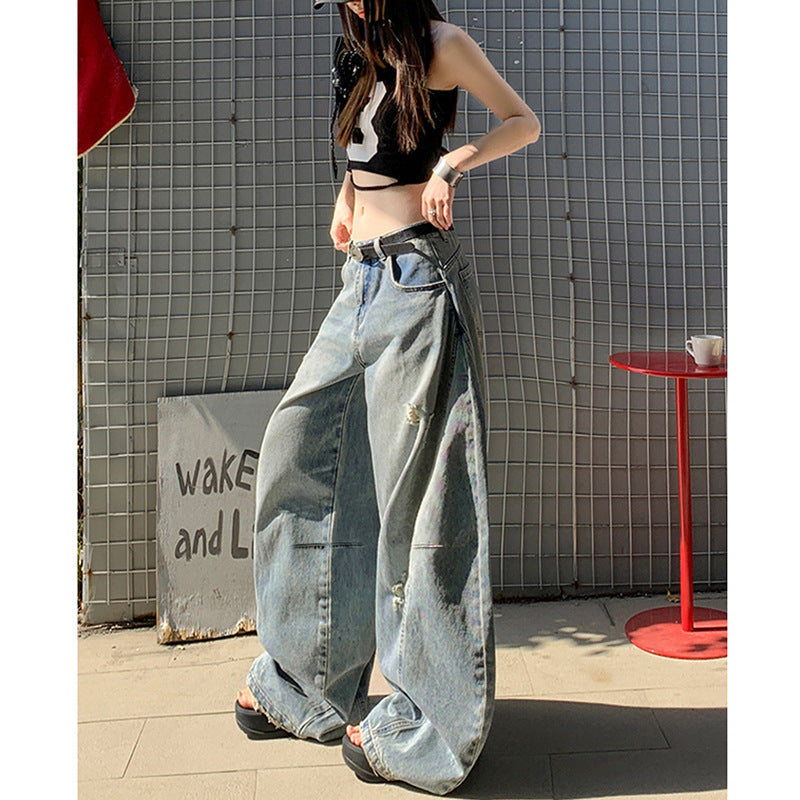 Unique Street Style Scythe Denim Pants for Women - Slimming Distressed Wide-Leg Trousers