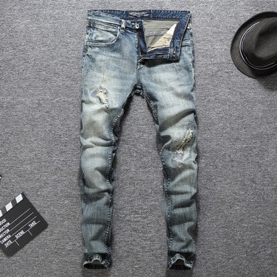 Italian Designer Slim Fit Ripped Jeans for Men - High Quality Cotton - Plus Size 29-38