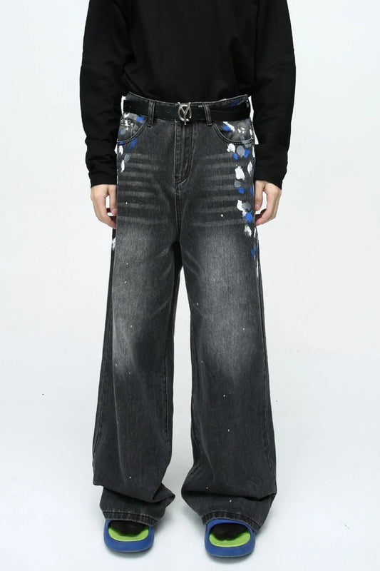 Watercolor Wide Leg Jeans with Pockets