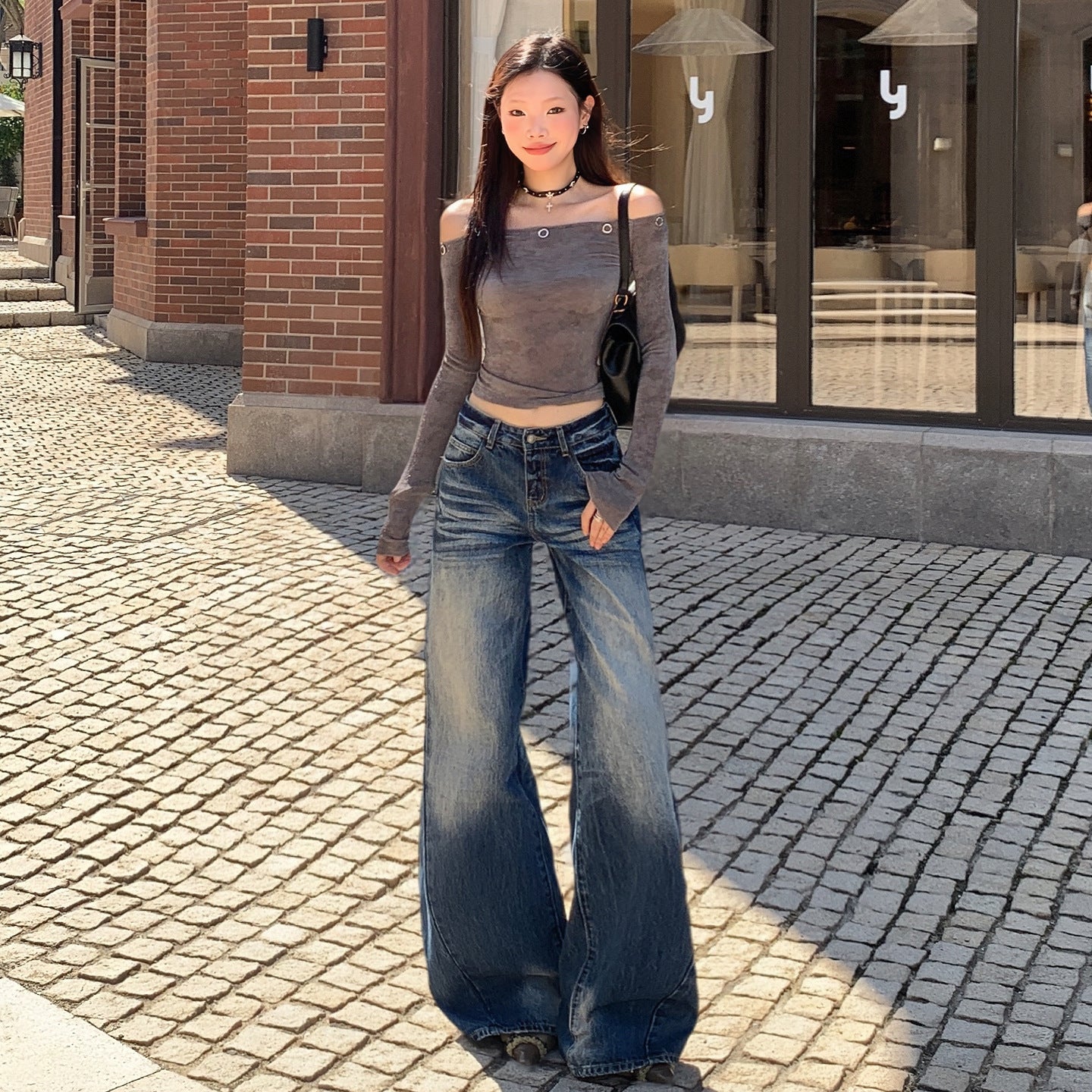 Style Washed Wrinkled Denim Pants for Women - Loose High Waist Versatile Slim Wide Leg Trousers