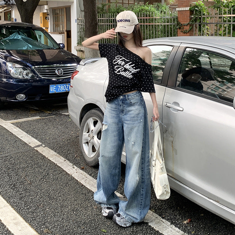 Trendy Ripped Denim Pants for Women - High Waist Loose Fit Straight Leg