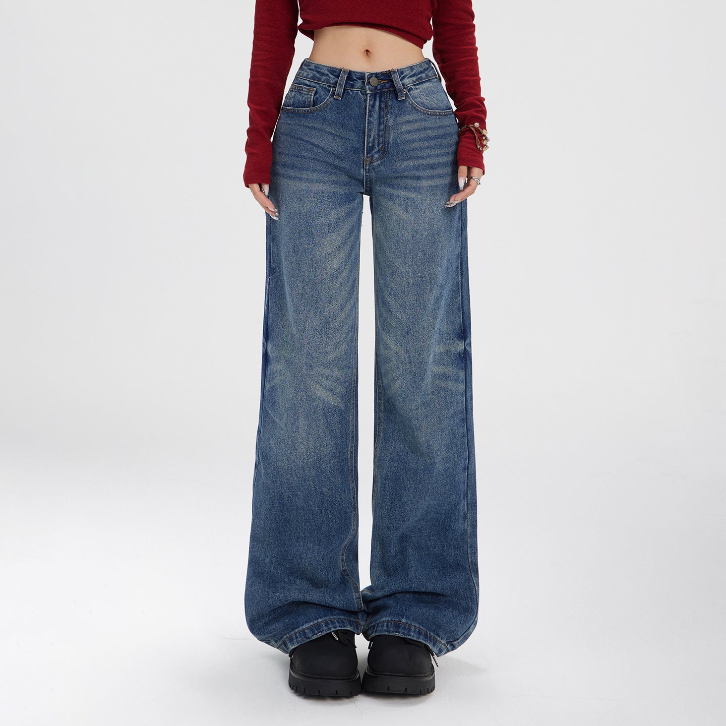 Washed Straight Leg Jeans for Women with Textured Design