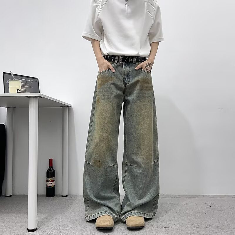 Vintage Distressed Dirty Blue Wide Leg Jeans - Premium Japanese Denim