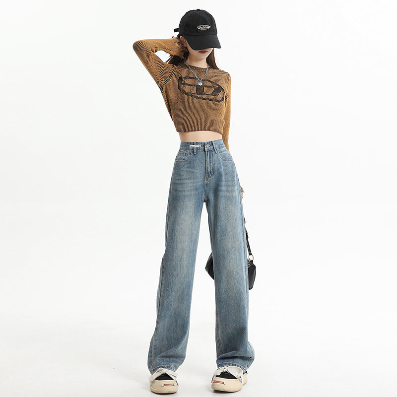 Women's High-Waist Washed Vintage Cement Grey Straight Pants
