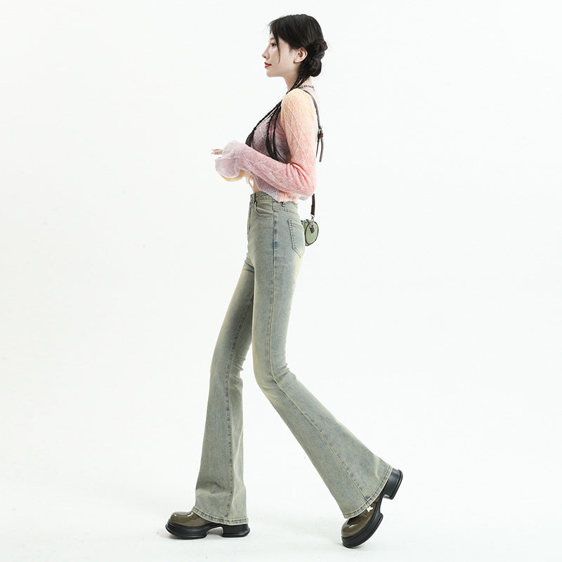 Flared Denim Pants for Women - Mud Yellow Color - High Waist & Elastic