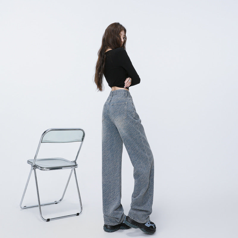 Style Meteor Texture Jacquard Denim Pants for Women - High Waist Straight Loose Slim Fit Wide Leg Trousers