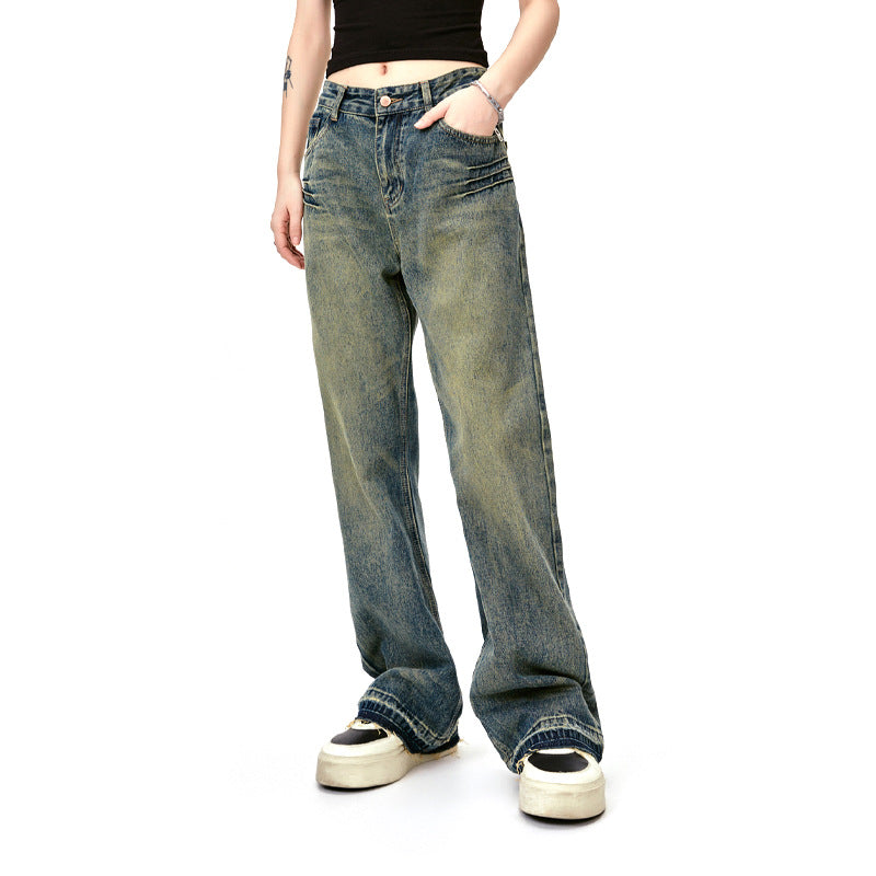 Washed Distressed Wide-Leg Long Jeans with Cuffed Hem